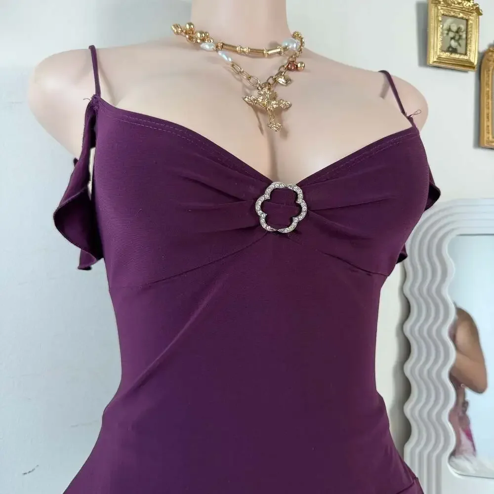 Y2K Fairy Grunge Plum Off Shoulder Cami Top Rhinestone Detail